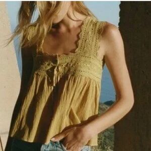 Doen Vera Mustard Yellow Camisole Lace Trimmed Tank Top Small